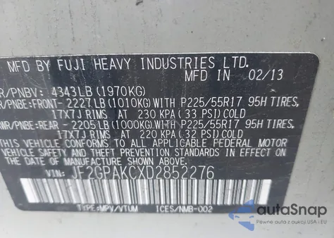 2013 Subaru Xv Crosstrek 2.0I Limited from USA, damaged, VIN JF2GPAKCXD2852276